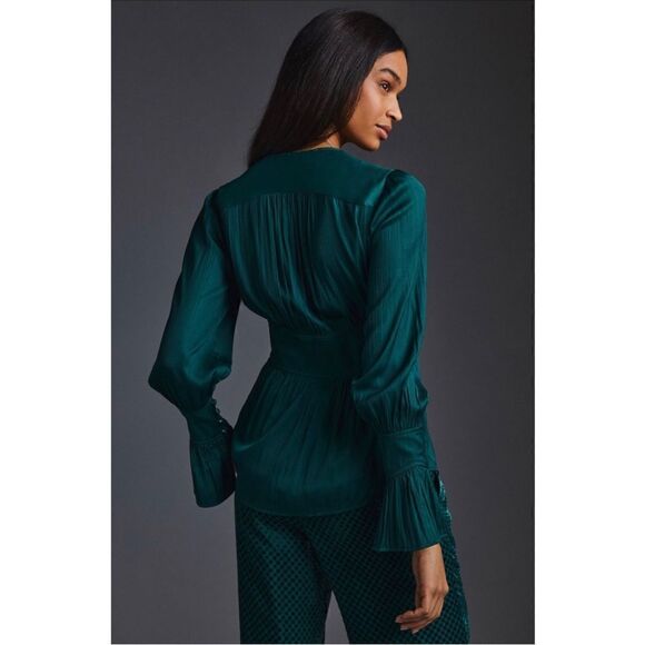 NEW By Anthropologie Green Deep V-Neck Buttonfront Babydoll Tunic Blouse X-Small - Picture 3 of 4